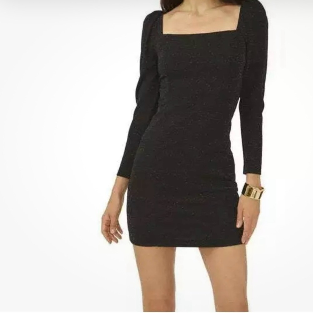 1.State Square Neck Princess Seam Metallic Shimmer Black Cocktail Mini Dress - Picture 10 of 10